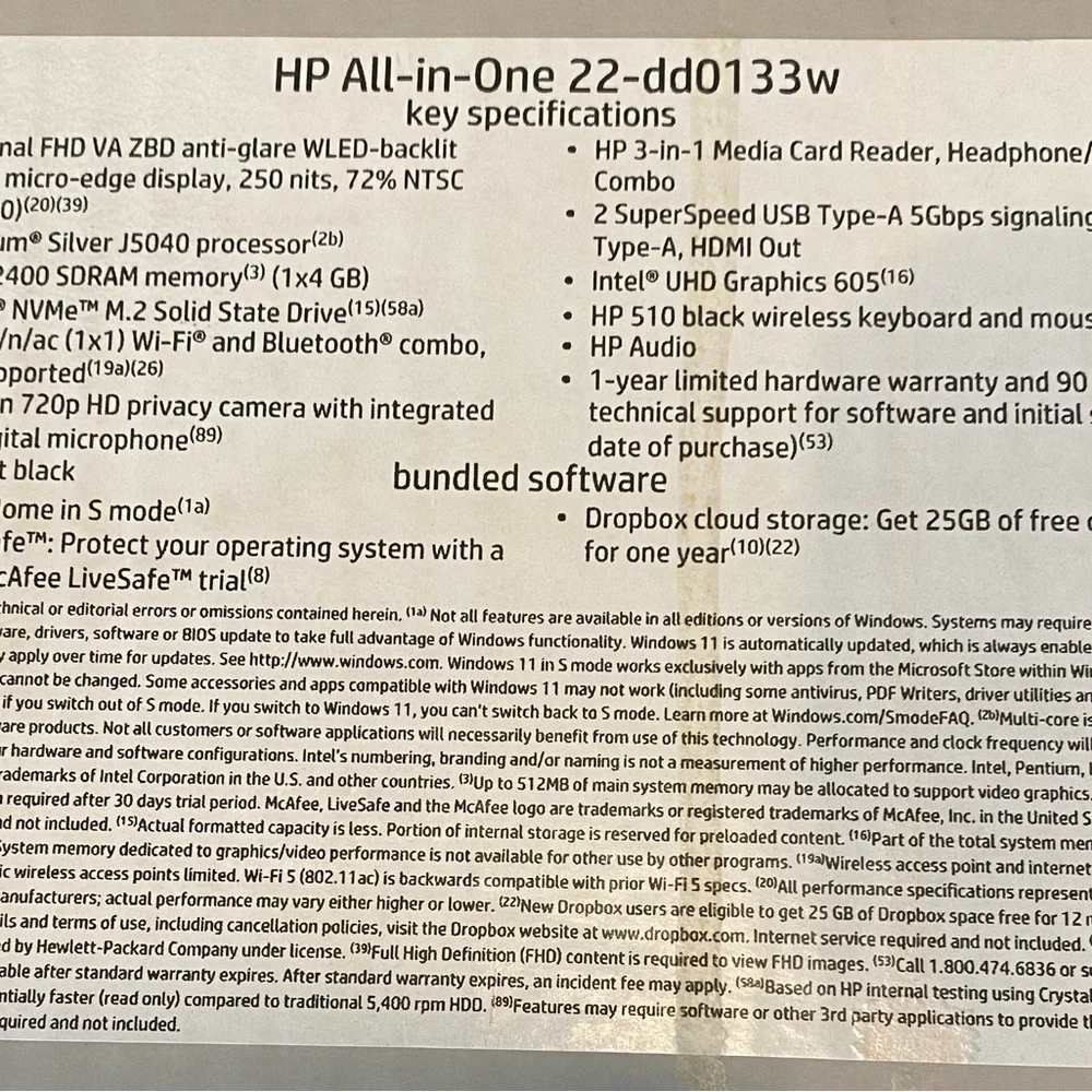 HP 21.5 inch All in One PC